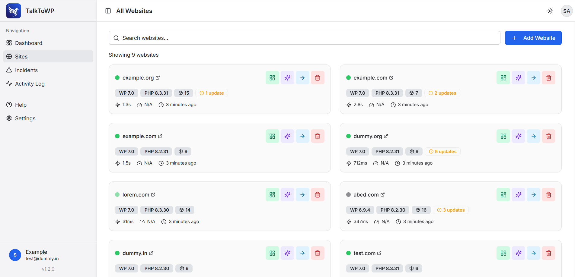 TalkToWP dashboard showing WordPress problems with AI-powered explanations and fix guides