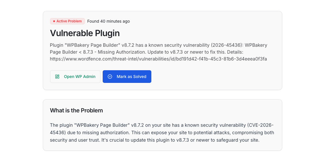TalkToWP showing a Site Offline incident with plain-English AI explanation and step-by-step fix guide in a chat panel